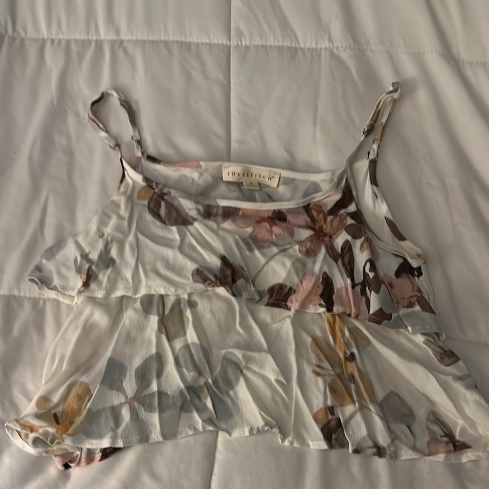 Love Stitch Fire Floral Ruffle Crop Tank Top in White